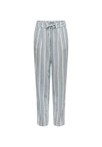 Pantalons rayés dotés d'une taille à cordon de serrage, fabriqués en tissu léger, avec des rayures verticales bleu clair et blanches, design à jambe droite.