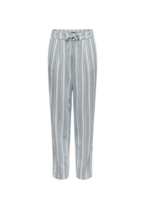 Pantalons rayés dotés d'une taille à cordon de serrage, fabriqués en tissu léger, avec des rayures verticales bleu clair et blanches, design à jambe droite.