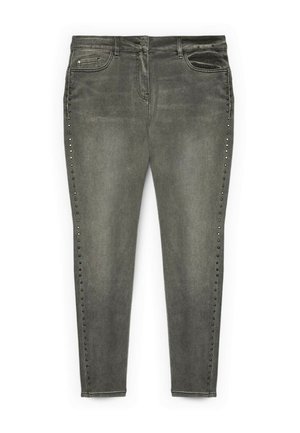 Grijze denim jeans met een slim fit, voorzien van gestudeerde versieringen langs de zijkanten en een traditionele vijf-pocket ontwerp.