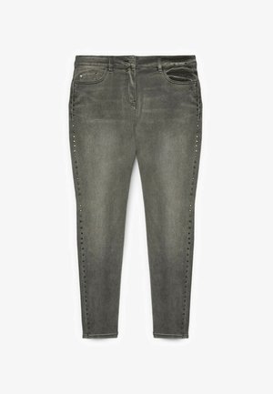 Szare dżinsy o dopasowanym kroju z ćwiekowanymi ozdobami wzdłuż szwów bocznych i tradycyjnym pięciokieszonkowym designem.