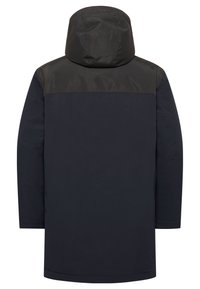 Dunkelnavyfarbener wasserdichter Mantel mit einem kontrastierenden schwarzen Schulterpanel und einer Kapuze, mit glatter Textur und geradem Schnitt.