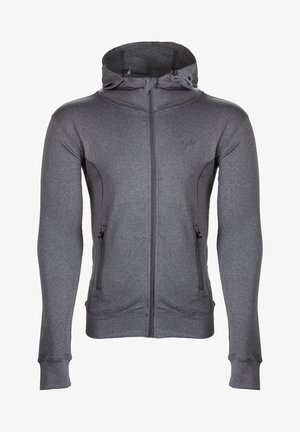 Grijze ritshoodie met een smal ontwerp, gemaakt van zachte stof. Beschikt over een capuchon, twee zijzakken met ritssluiting en zichtbare stikseldetails.