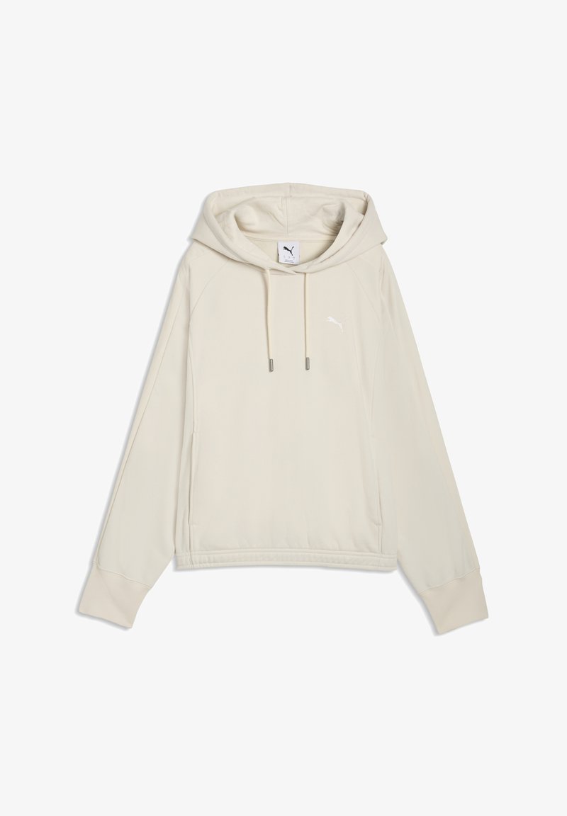 Sweat à capuche Puma beige clair avec cordons, poche kangourou et petit logo Puma sur la poitrine, posé à plat sur un fond blanc.