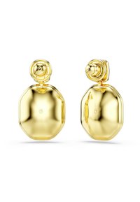 Goldfarbene Ohrringe mit einem achteckigen Design und polierter Oberfläche. Runder Ohrstecker mit strukturiertem Akzent, glatter Oberfläche und abgerundeten Kanten.