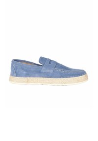 Scarpe slip-on blu in suede con suola in espadrille, dotate di rifiniture in juta intrecciata beige e cuciture lungo il bordo superiore.