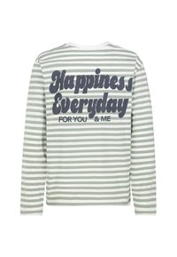 Langärmliges gestreiftes Shirt in Hellgrün und Weiß, auf dem Rücken mit fettem, navyfarbenem Text: "Happiness Everyday FOR YOU & ME".