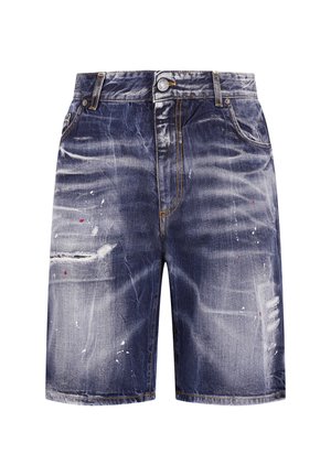 Denim shorts met een verweerde, versleten uitstraling, verfspatten, rafelige scheur op de linker dij, knoopsluiting aan de voorkant en een vijfzakkenstijl.