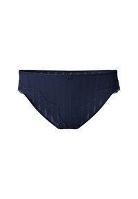 Donkerblauwe damesslip met kantafwerking, van een gestructureerde stof met verticale lijnen en een strikaccent in het midden voor.