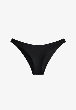 Schwarzer Bikinihose aus strukturiertem Stoff mit klassischem Low-Rise-Schnitt und mittlerer Bedeckung, dargestellt vor weißem Hintergrund.