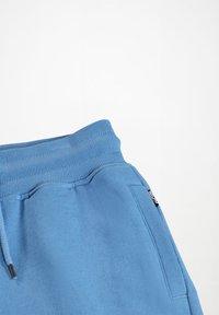 Modre jogger hlače z ribanim pasom, stranskimi žepi in vrvico. Tkanina ima gladko in rahlo elastično teksturo.