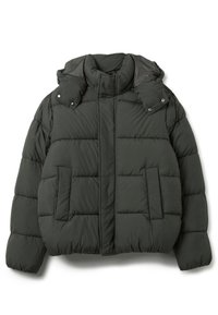 Giacca piumino di colore verde scuro, con colletto alto, chiusure a scatto, due tasche frontali e un design trapuntato con una texture morbida.