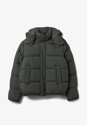 Dunkelgrüne Puffjacke mit hohem Kragen, Druckknopfverschlüssen, zwei Fronttaschen und einem gesteppten Design mit weicher Textur.