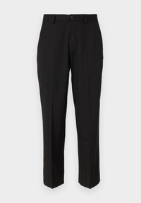 Schwarze, taillierte Hose mit flachem Vorderteil, Einknopfverschluss, geraden Beinen und subtilen Falten für eine strukturierte Passform. Minimalistisches Design.