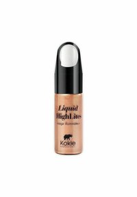 Flytande highlighter i en klar flaska med svart pump-topp. Har en skimrande roséguld färg och guldaccenter med varumärkesetikett.