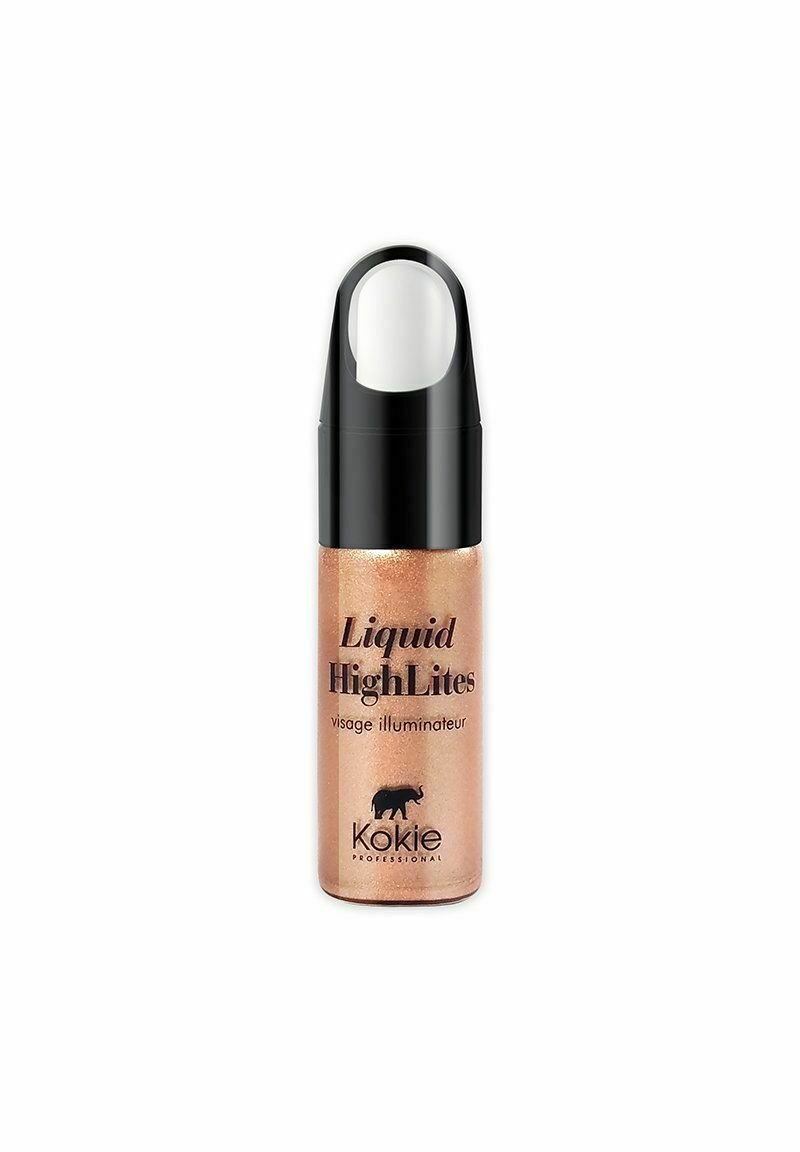 Flytande highlighter i en klar flaska med svart pump-topp. Har en skimrande roséguld färg och guldaccenter med varumärkesetikett.
