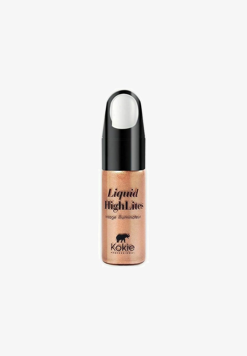 Flytande highlighter i en klar flaska med svart pump-topp. Har en skimrande roséguld färg och guldaccenter med varumärkesetikett.