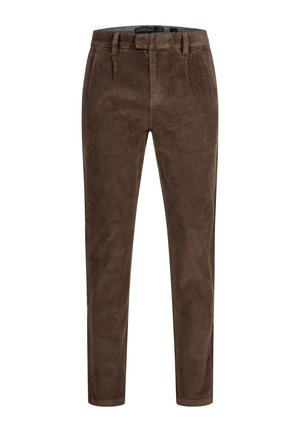 Pantalon en velours côtelé marron à coupe droite avec passants pour ceinture et fermeture éclair frontale, conçu pour un usage casual ou semi-formel.