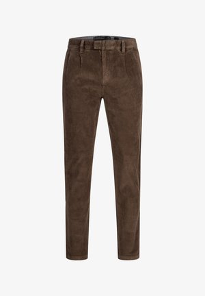 Pantaloni in velluto a coste marroni con gamba dritta, passanti per cintura e chiusura frontale con zip, ideali per un abbigliamento casual o semi-formale.