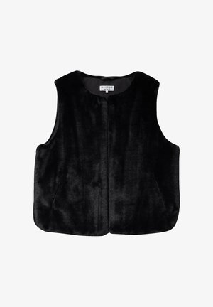 Chaleco de piel negra con una textura suave, escote redondo y sin mangas. Presenta un cierre frontal y un diseño sencillo, sin adornos.