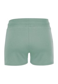 Lichtgroene katoenen shorts met een zachte textuur. Beschikt over een brede elastische tailleband en nette, gestikte zoomranden. Alleen achteraanzicht.