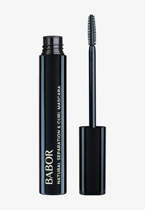 Babor Natural Separation & Curl Mascara in einer schlanken schwarzen Tube mit einem gerippten Bürstenapplikator, der silberne Schriftzüge auf dem Etikett aufweist.