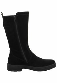 Bota alta de ante negra con cierre lateral, suela resistente y acabado suave. Presenta costuras mínimas y un asa para facilitar el ajuste.
