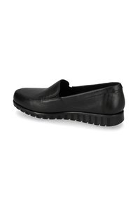 Scarpe eleganti in pelle nera, senza laccio, con suola in gomma piatta. Presentano una punta arrotondata e dettagli di cucitura minimi lungo il bordo.