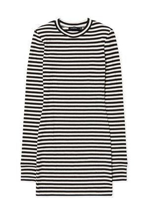Čiernobielo pruhované šaty s dlhým rukávom, okrúhlym výstrihom a priliehavým strihom. Vyrobené z mäkkého a elastického materiálu.