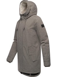 Gray padded jacket with a fur-lined hood, two side pockets, elastic cuffs, and a textured fabric. Features a logo patch on the sleeve.