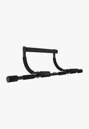 Black metal pull-up bar with ergonomic grips, padded accents on ends, sturdy design, and adjustable width for versatility in use.