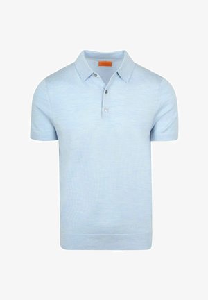 Hellblaues Polohemd mit kurzen Ärmeln, Kragen und einer Knopfleiste mit zwei Knöpfen, gefertigt aus weichem Strickstoff.