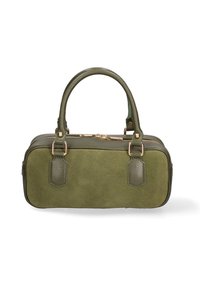 Borsa color verde oliva con doppi manici rotondi, in suede strutturato e dettagli in pelle liscia. Presenta una chiusura con zip e accessori in metallo color oro.