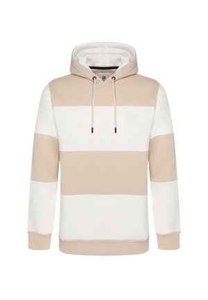 Beige en witte gestreepte hoodie met een voork pocket, trekkoord capuchon en klein logo. Gemaakt van zachte, ademende katoenmix stof.