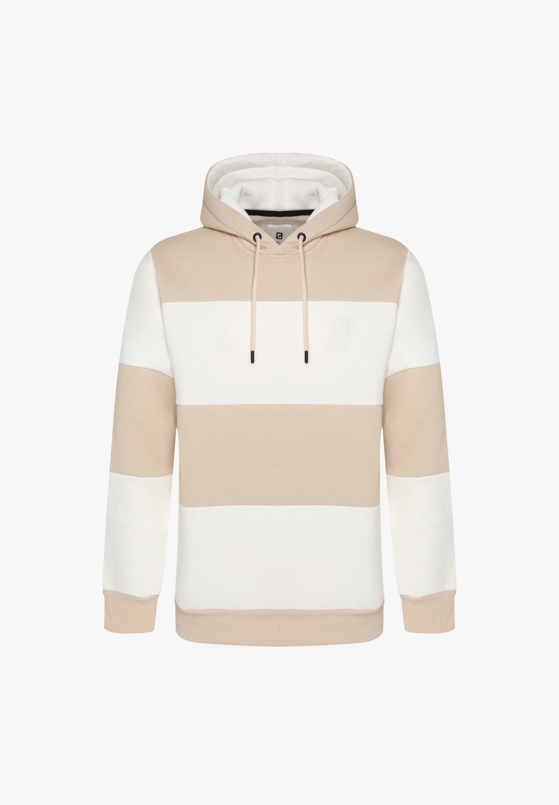 Beige und weiß gestreifter Hoodie mit einer Vordertasche, Kordelzugkapuze und kleinem Logo. Hergestellt aus weichem, atmungsaktivem Baumwollmischgewebe.