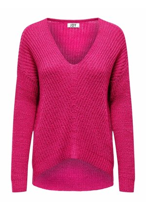 Pull tricoté rose vif avec col en V, manches longues et motif côtelé texturé, avec un ourlet légèrement arrondi.