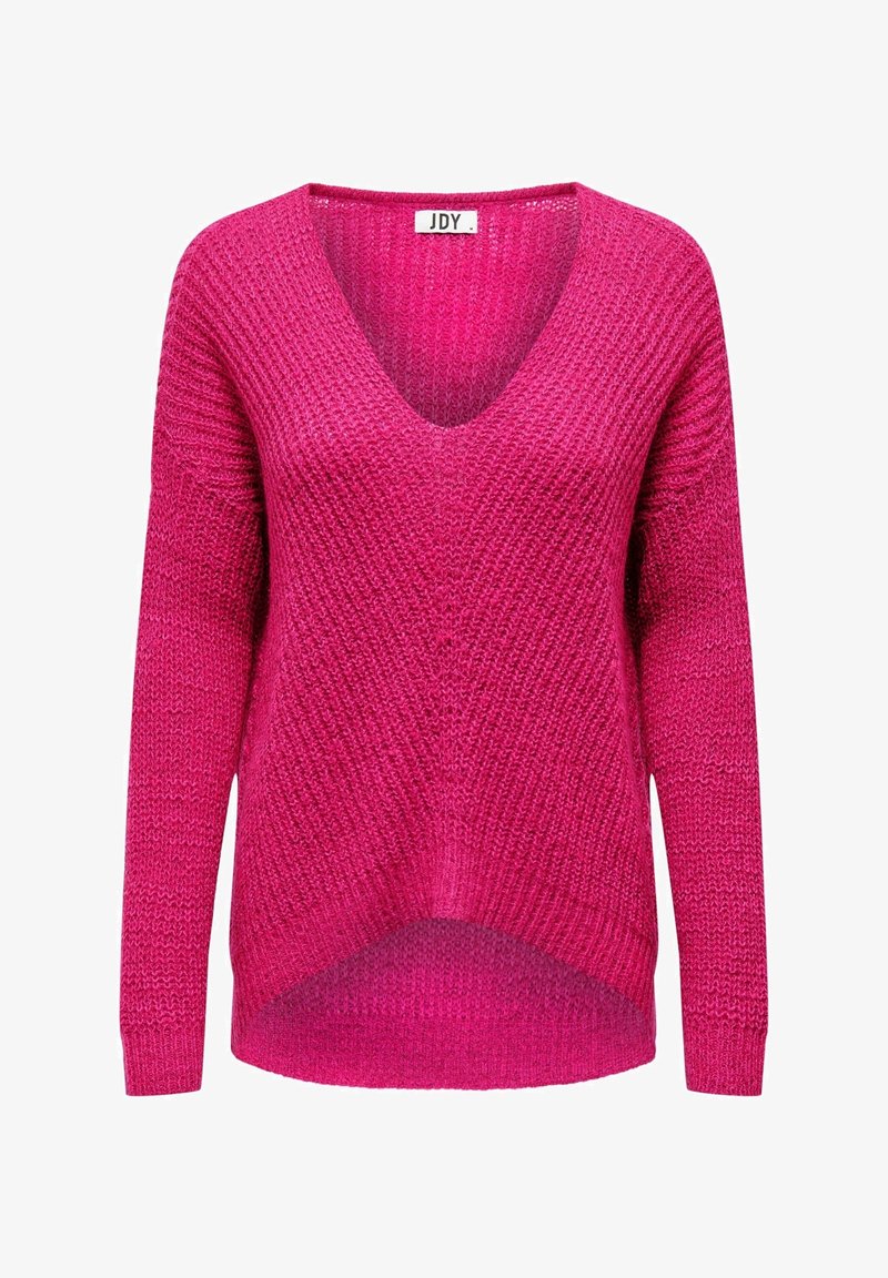 Pull tricoté rose vif avec col en V, manches longues et motif côtelé texturé, avec un ourlet légèrement arrondi.