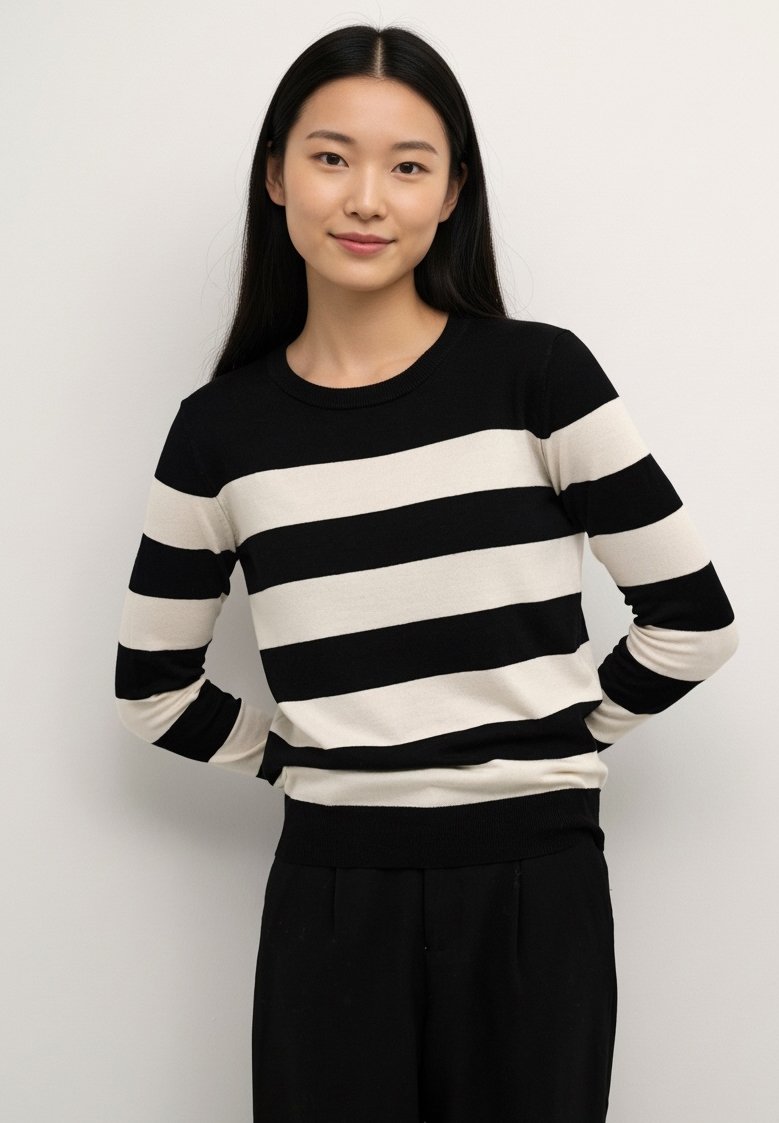 Black and cream striped sweater with long sleeves and a round neckline. Knit fabric with a ribbed hem and cuffs, fitted silhouette.