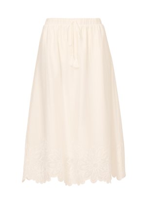 Witte, middellange rok met een elastische tailleband, decoratieve trekkoord en geborduurde bloemmotieven langs de zoom. Lichte stof.