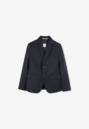 Blazer navy realizzato in tessuto liscio, con colletto a punta, due tasche frontali, due bottoni e una leggera lucentezza. Etichetta visibile all'interno.
