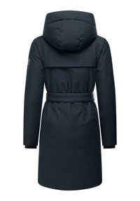 Dark navy puffer coat featuring a detachable hood, belted waist, and long sleeves with cuffs. Smooth texture and streamlined design.