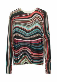 Pull en tricot à manches longues avec des rayures ondulées multicolores en rouge, noir, vert, rose et bleu sur une silhouette ajustée.