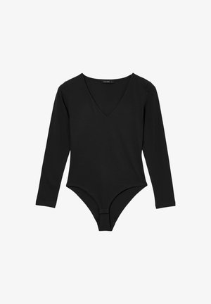 Body nero a maniche lunghe con scollatura a V e chiusure a scatto all'inguine, progettato per una vestibilità slim.