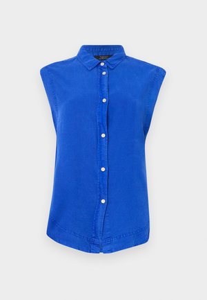 Modrá bezrukávová košeľa na gombíky vyrobená z bavlny, s golierom, prednou légou a zakriveným dolným okrajom. Hladká textúra, voľný strih.