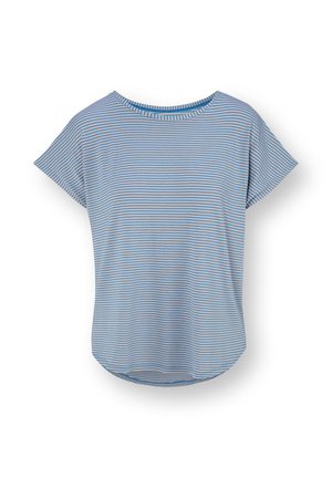 Light blue and white thin horizontal striped short-sleeve shirt with round neckline and slightly rounded hem.