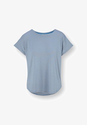 Light blue and white thin horizontal striped short-sleeve shirt with round neckline and slightly rounded hem.