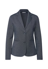 Tmavě šedý blejzr vyrobený z texturované tkaniny, s klopovým límečkem, dvěma předními kapsami a dvěma knoflíky vpředu.