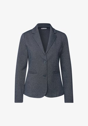 Dark gray blazer made of textured fabric, featuring a notched collar, two front pockets, and two buttons at the front.