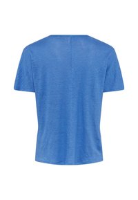 Blue short-sleeve T-shirt with a round neckline, made from a soft, textured fabric, featuring a simple, relaxed fit and no visible hardware.