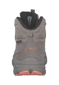 Grau wasserfeste Wanderschuhe mit texturiertem Wildleder- und Mesh-Obermaterial, ausgestattet mit einem orangefarbenen CMP-Logo, gepolstertem Schaft und robusten Gummisohlen.