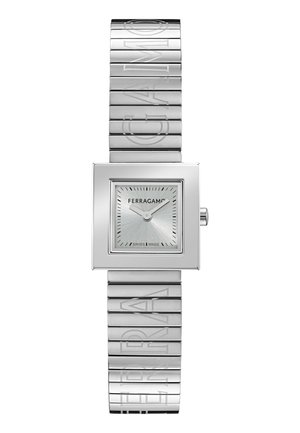 Silver stainless steel watch with a square face, engraved bracelet, and a textured silver dial featuring hour markers and hands.